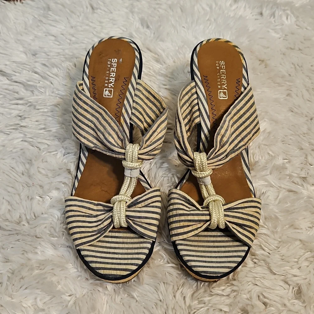 Sperry Top-Sider Espadrille Wedge Sandals Blue Striped Bow Accents Nautical‎